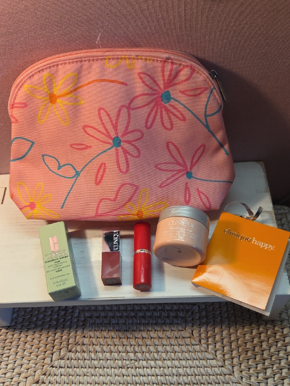 6 Clinique Pink Floral Makeup Pouch with Skincare & Lip
